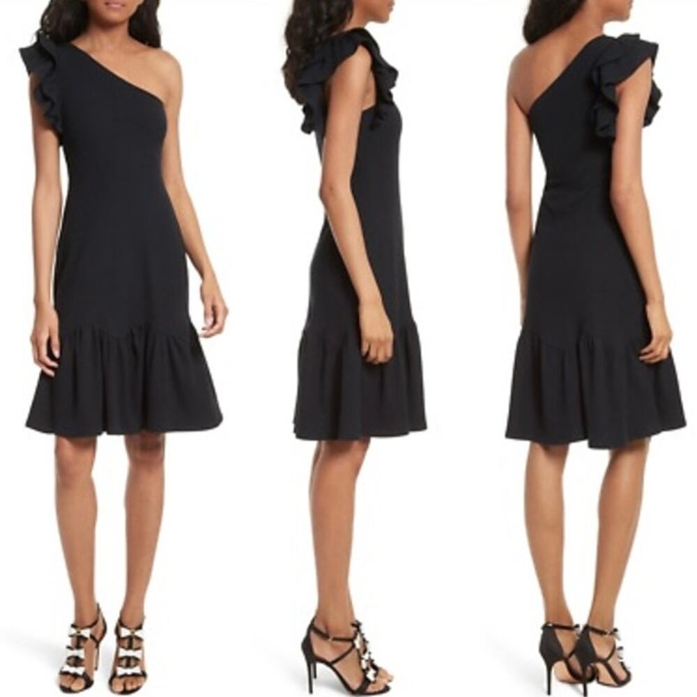 Rebecca Taylor Black One Shoulder Ribbed Knit Mini Dress Ruffle EUC Small
